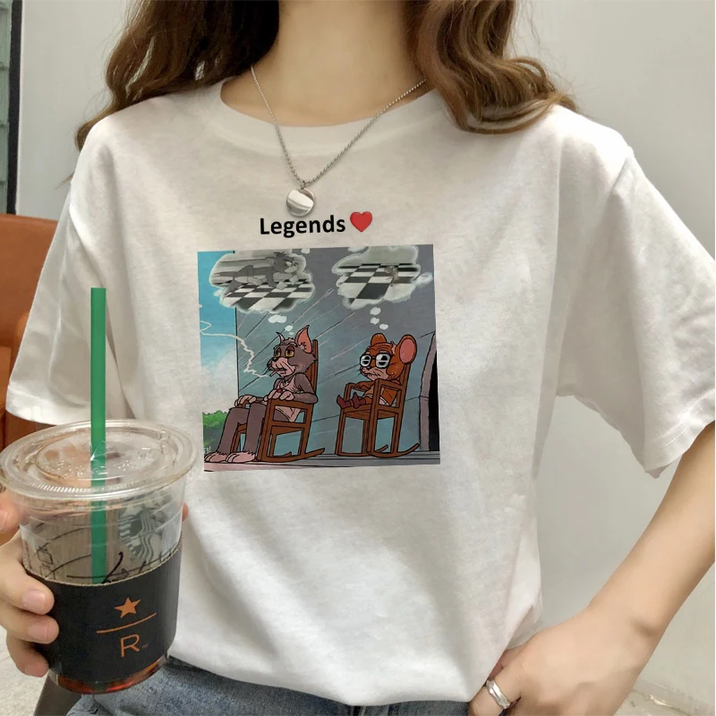 

2019 summer women chic Harajuku spoof funny tom cat and jerry mouse print T-shirt new fashion loose O-neck casual women T-shirt
