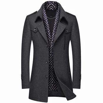 

Men Winter Wool Coat Men's Business Casual Warm Thick Wool Blends Woolen Pea Coat Male Trench Coat Overcoat