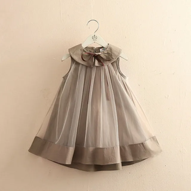 2022 Summer 3 6-12Years Children College Style Veil Mesh Peter Pan Collar Princess Patchwork Sleeveless Dress For Kids Baby Girl