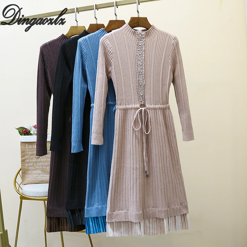 

Dingaozlz Autumn Winter Knitted dress New Elegant Golden Velvet Stitching Lace sweater dress Slim waist Casual Women dress