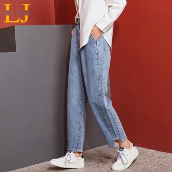 

LEIJIJEANS 2019 new Large size women's jeans light bule high waist loose Harlan ladies jeans two-color pocket slim jeans 9110