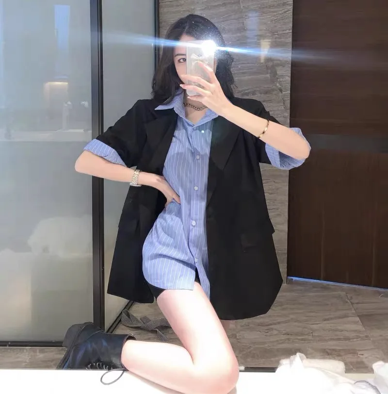 

Summer Blue Striped Shirts Short Sleeve Casual Shirts Elegant Fashion Vintage Korean Style Blouse Notched Black Coat with Sashes