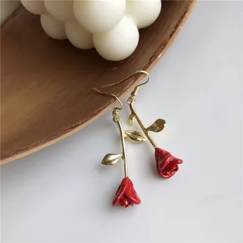 

Rose Flower Earrings Girl Heart Earrings Red Web Celebrity Is Super Senior Fairy Metal Female Jok Women Push-back Zinc Alloy