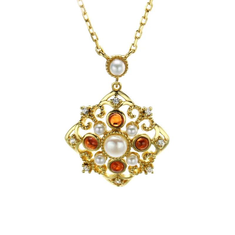 

Origional Design Autumn New Style Necklace 925 Sterling Gold Plated Orange Garnet Natural Pearl Retro Necklace Women's