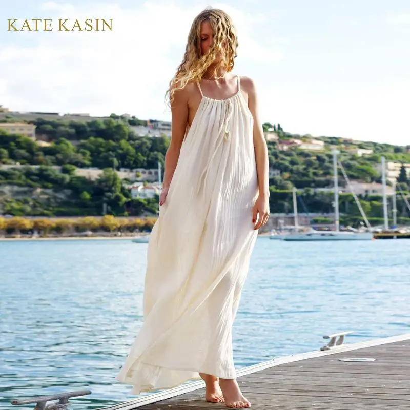 Kate Kasin модное женское хлопковое однотонное платье-комбинация без рукавов Летний Пляжный длинный макси богемное повседневное бежевое солнечное платье