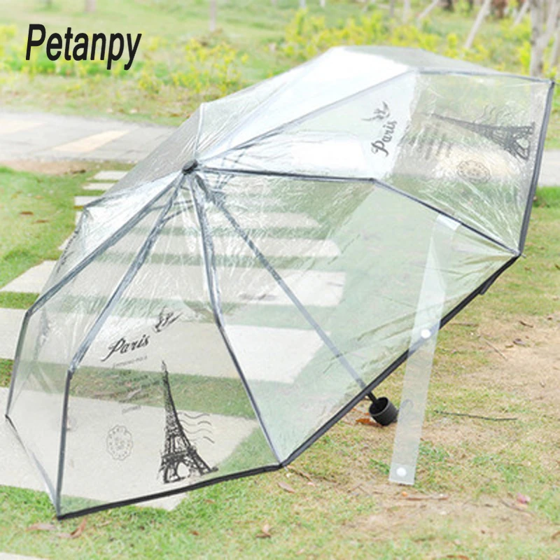 Paraguas estampado transparente EVA para chica, sombrilla de París 8K, perspectiva de tres pliegues, herramientas de lluvia no automáticas, Blanco Blac|Paraguas| - AliExpress