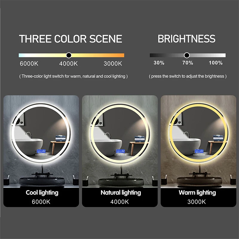 Round LED Smart Wall Mounted Bathroom Mirror With Body Induction Anti-Fog Bluetooth Function Bath Makeup Vanity Mirror