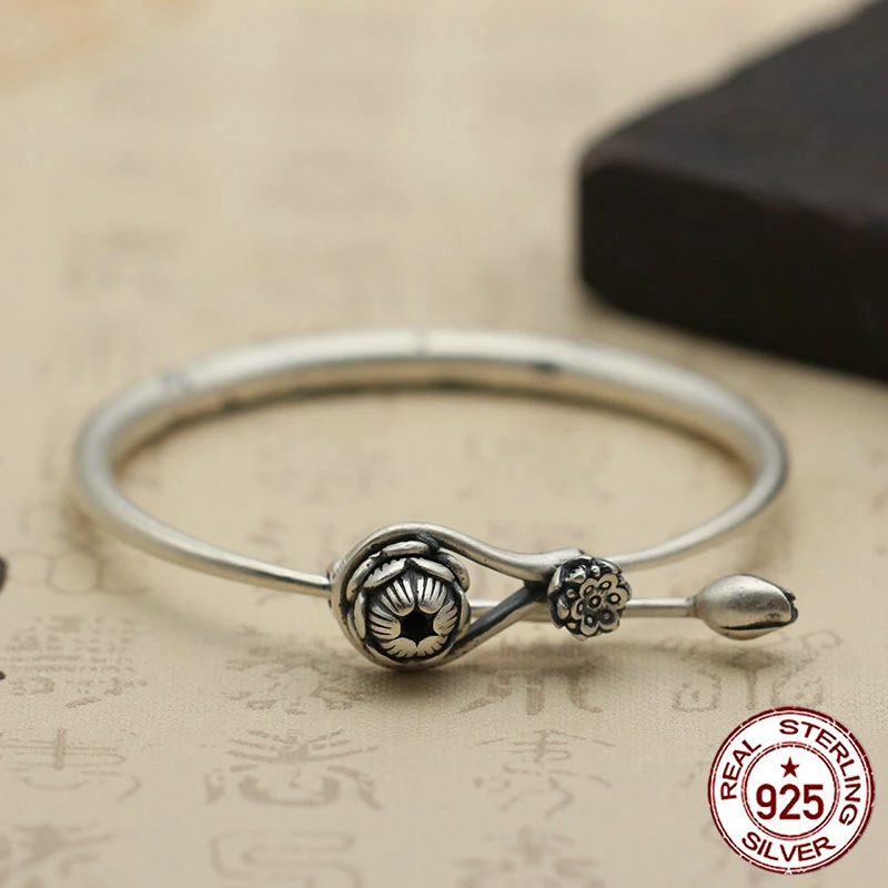 

100% S925 men's bracelets retro personality simple jewelry lotus opening a lifetime bracelet to send a gift of love 2018 hot
