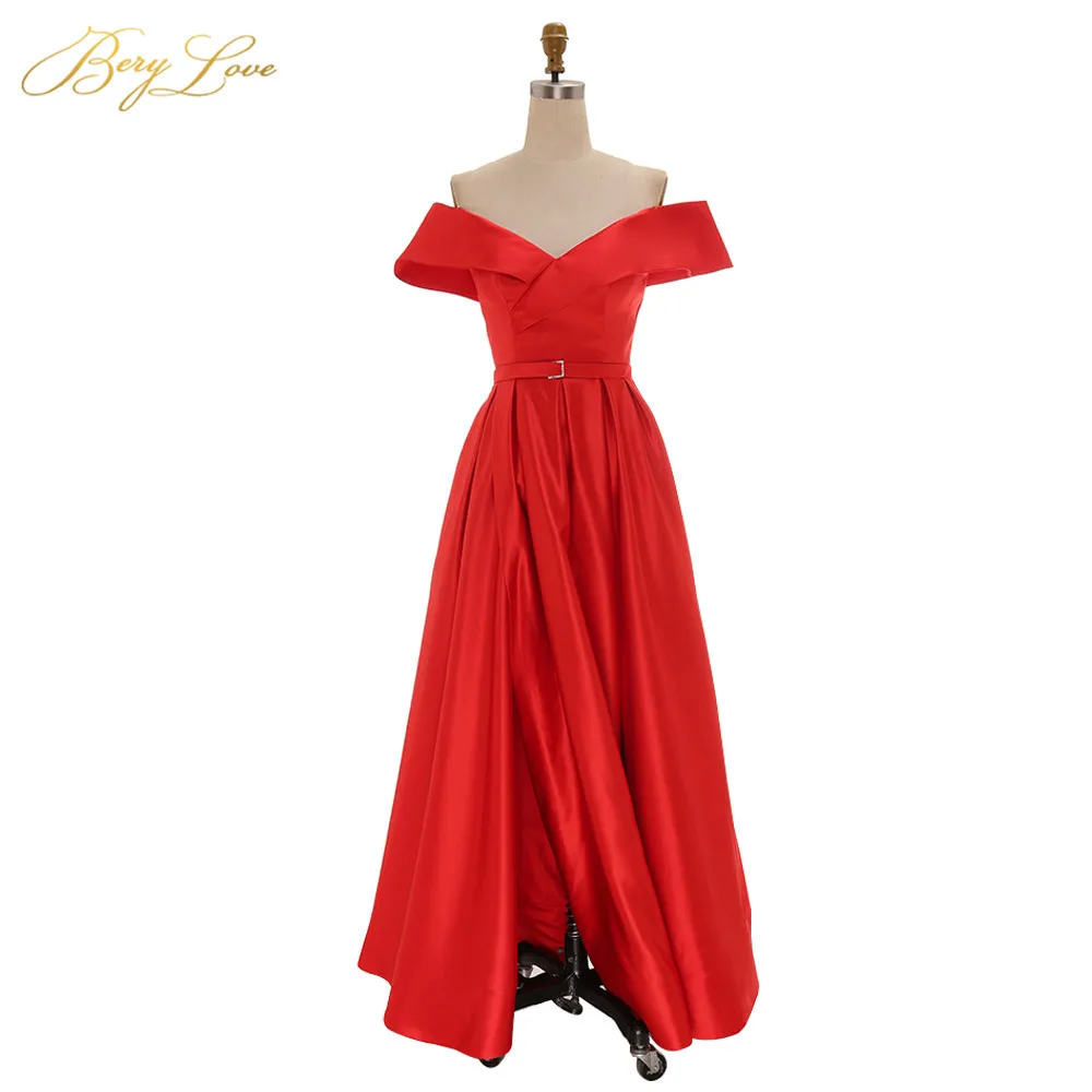 BeryLove Red Formal Evening Dress with Off-Shoulder High Slit - Long Navy Prom Gown image 4
