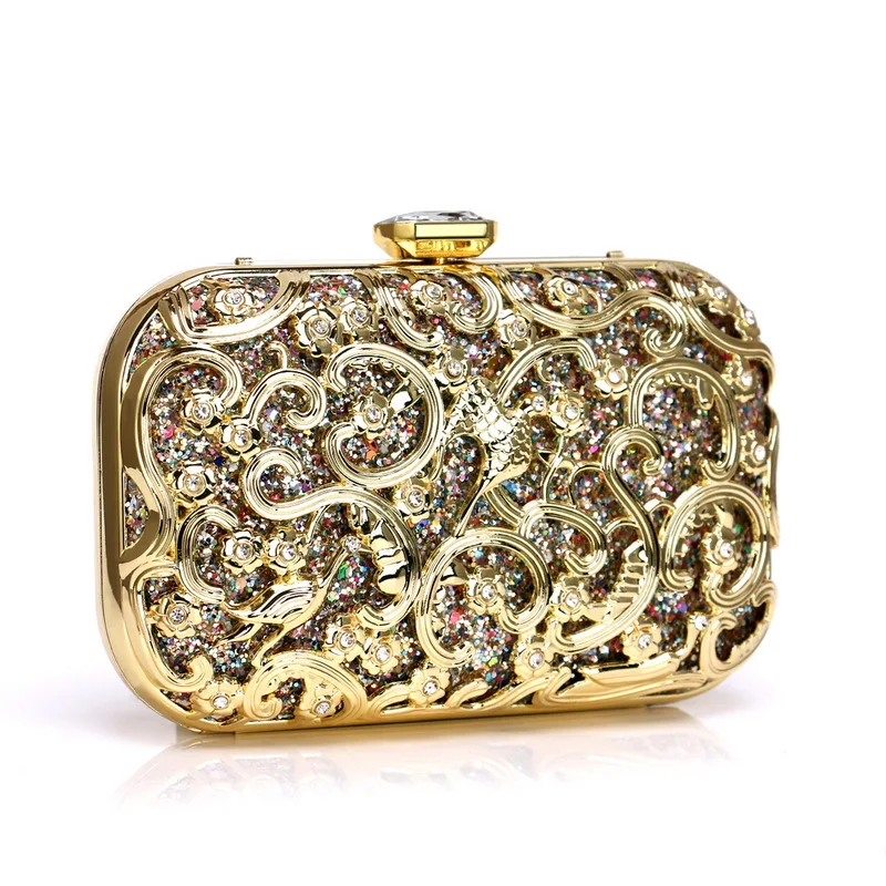 

Women Heavy Style Evening Bag Metal Leaf Frame Hollow Out Fashion Cltuch Purse Luxury Flap Handbag for Party Banquet Dress Lady