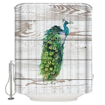 

Peacock Open Screen Wooden Texture Background Bathroom Accessories Waterproof Bathroom Shower Curtain With Hook Accessory