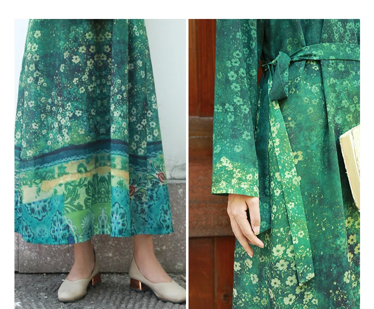 LZJN 2019 Women Autumn Long Sleeve Dress Floral Printed Belt Waist Long Dress Vestido Loose Robe with Pockets and Cotton Lining (9)
