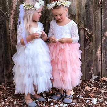 

3-8 Year Lace Girls Dress Long Sleeves Dress Layered Prom Gown For Girls Wedding Party Unicorn Red Children Clothing Vestido