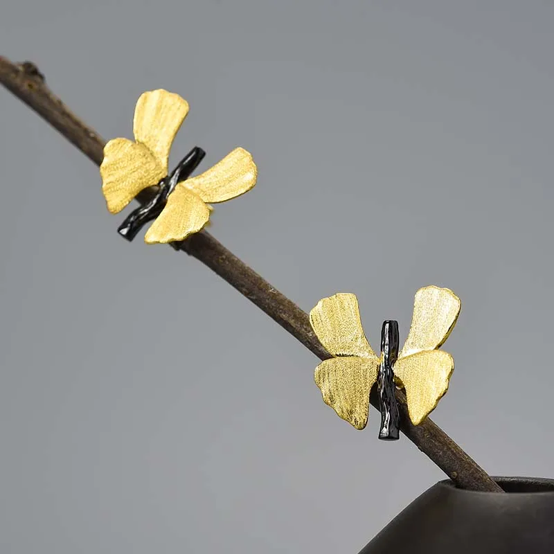 Leaf Butterfly Stud Earrings 925 Sterling Silver - Image 3