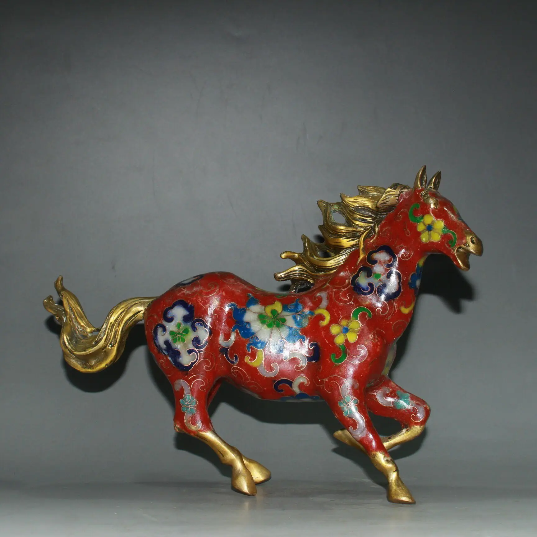 Rara Vecchia Collezione Dinastia Ming Cloisonne Statua Di Cavallo Al Galoppo, Rosso, Spedizione Gratuita
