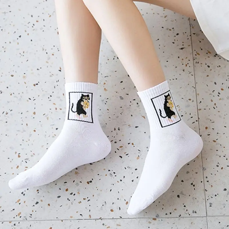 3 пары Хлопковых Носков в стиле Харадзюку для женщин и девочек в стиле хип-хоп осенне-зимние Носки с рисунком кота