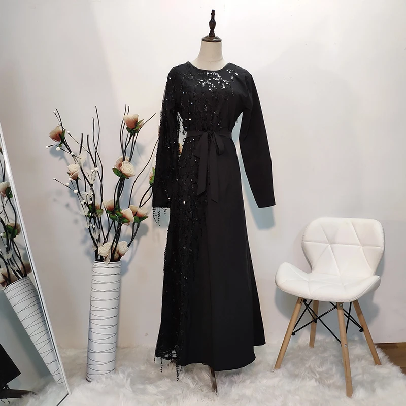 Black dress Размера плюс с чёрными стразами Абаи турецкий мусульманское платье Абая для женщин Кафтан Оман Кафтан платья Хиджаб Ислам Костюмы H Абаи - Цвет: Black dress