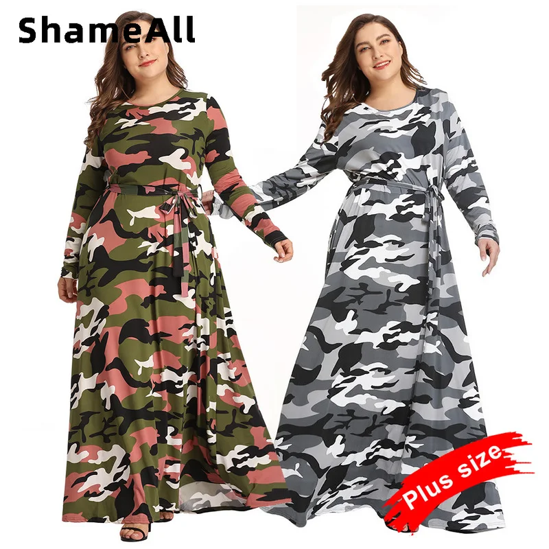 Plus Size Women Warm Dress Military Camouflage Casual Vintage Autumn