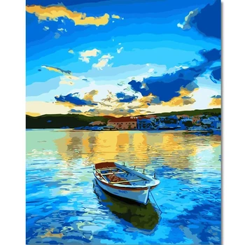 

Oil Painting By Number Lakeside Boat Picture Canvas Acrylic Hand Painted Digital Paiting House Wall Living Room Decoration 338