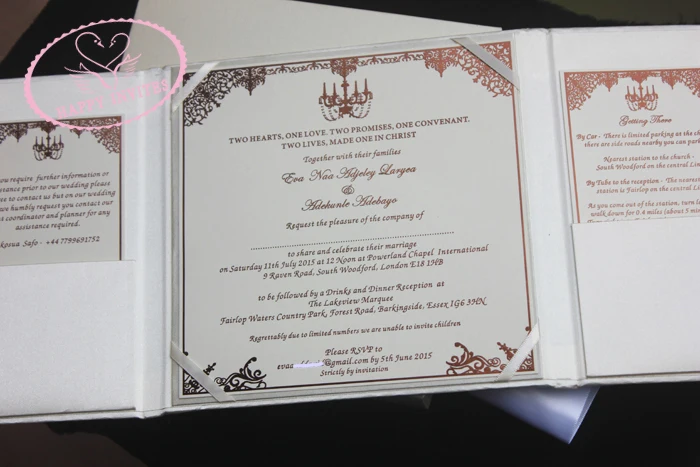 HI2003-118 Customzied Beige Off White Silk Folder Wedding Invitation with Chocolate Foil Printing More Colors Available