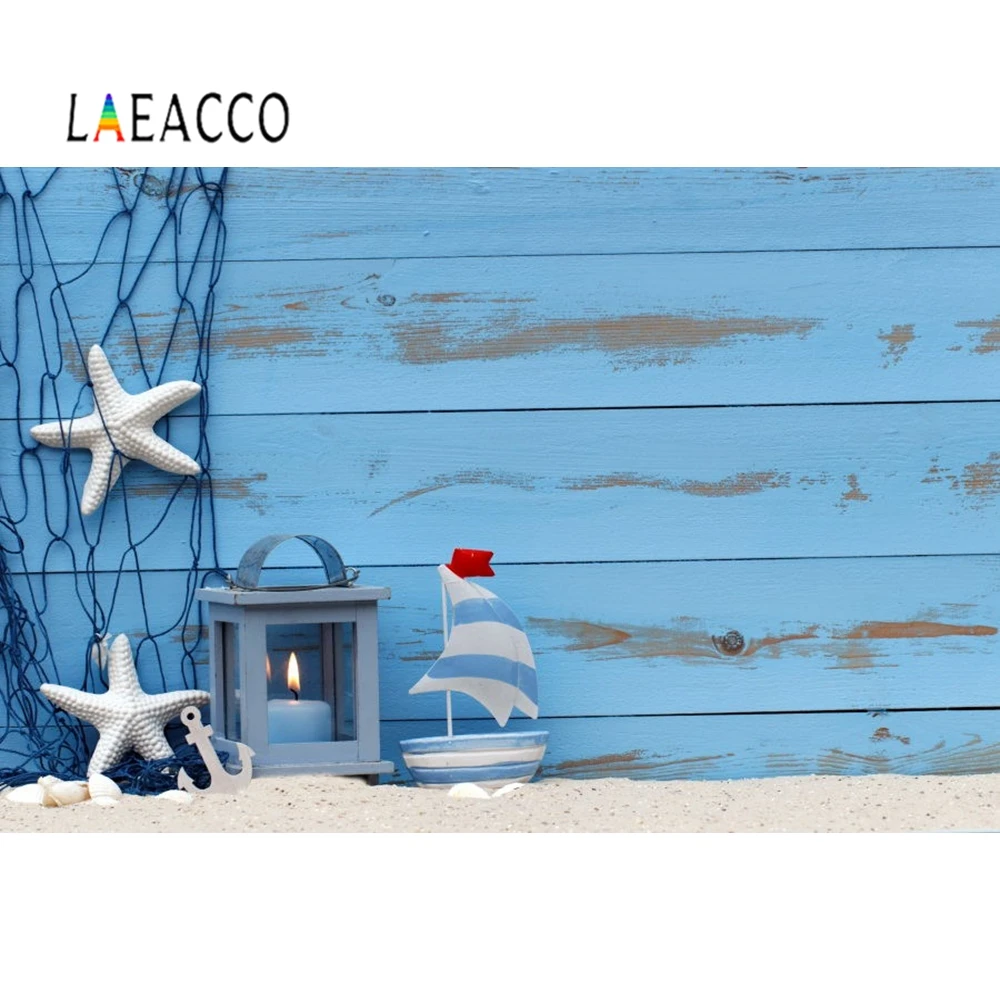 

Laeacco Wooden Board Starfish Fishing Net Ship Photography Backdrops Personalized Photo Backgrounds For photocall Photo Studio