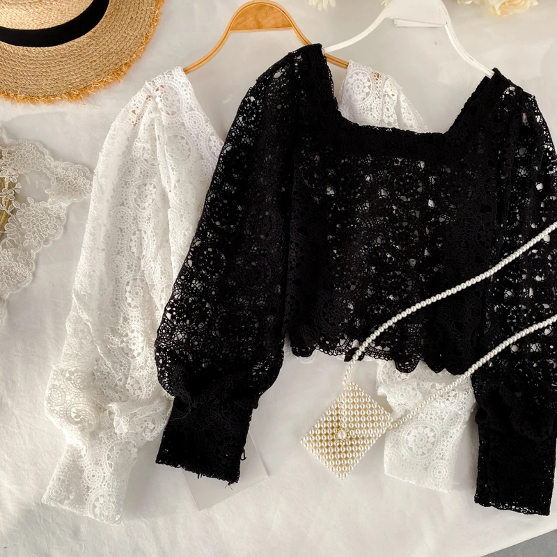Neploe кружевная рубашка с вырезом, корейский короткий тонкий Топ, Blusas, длинный Пышный рукав, винтажный квадратный воротник, блузки, осенние женские топы 56612