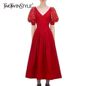 

TWOTWINSTYLE Patchwork Sequined Dresses For Women V Neck Lantern Half Sleeve High Waist Ruched Dress Female 2020 Fashion Clothes