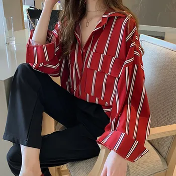 

Women Striped Long Sleeve Blouse Shirt Autumn Loose Pockets Shirts Casual Office Lady Blouses Tops