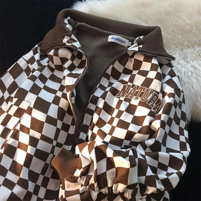 Retro Y2k Streetwear Checkerboard Plaid Hip Hop Womens Jacket Japanese