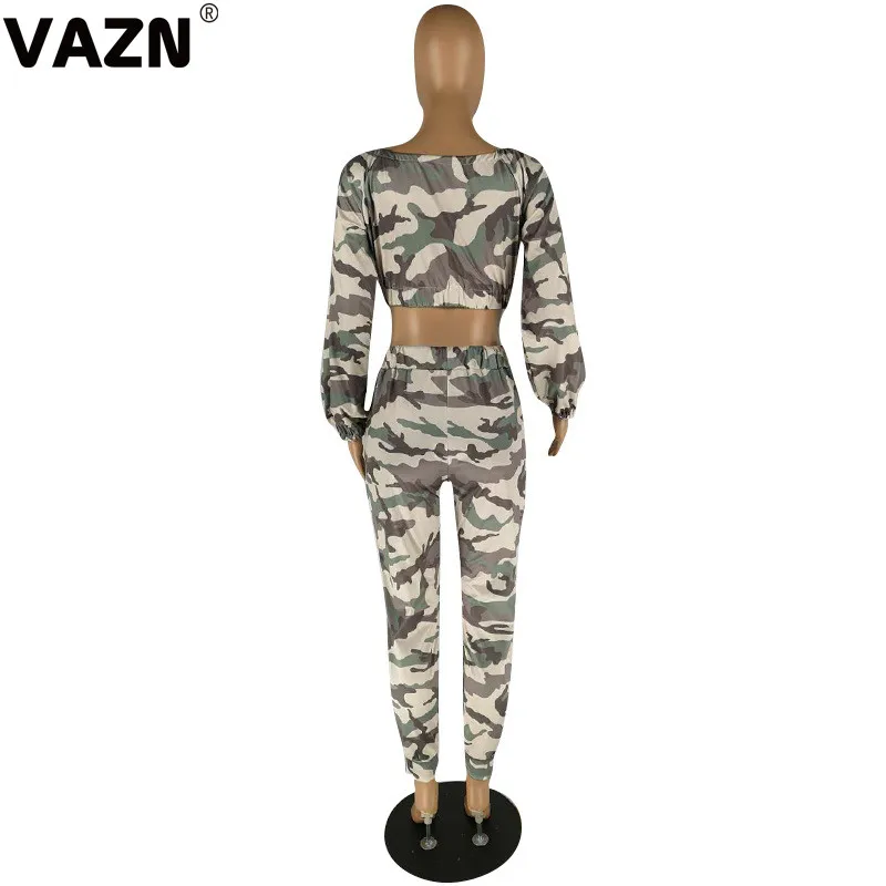 VAZN YZ917, осенний комплект с камуфляжным принтом, сексуальный,, топ с длинными рукавами, длинные широкие штаны, комплект из 2 предметов, комплекты ночного клуба, молодой ветер