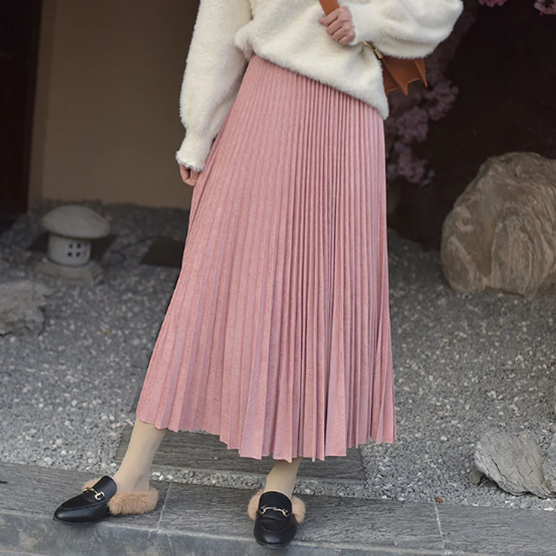 Women Suede Skirt Long Pleated Skirts 2019 Two Layer Autumn Winter Basic Saias Midi Faldas Vintage Women Skirt