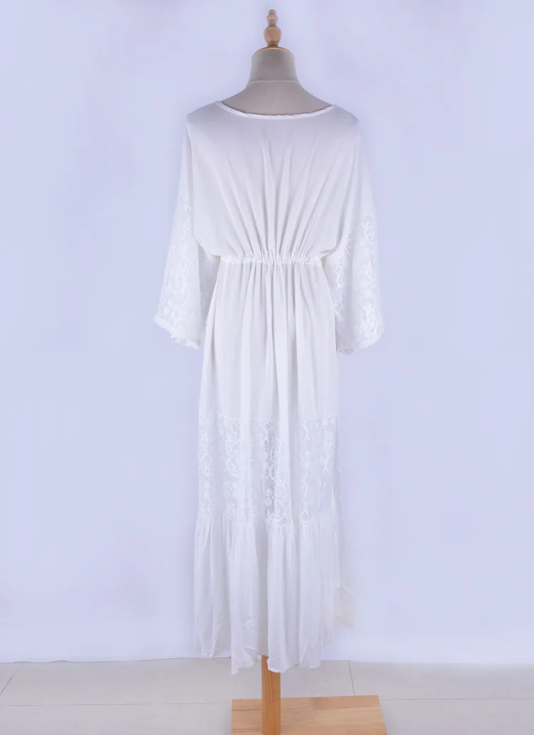Летнее белое пляжное платье Для женщин футболка с коротким рукавом, глубокое v-образное декольте, с выемкой, Длинное свободное платье отпуск, повязка платье