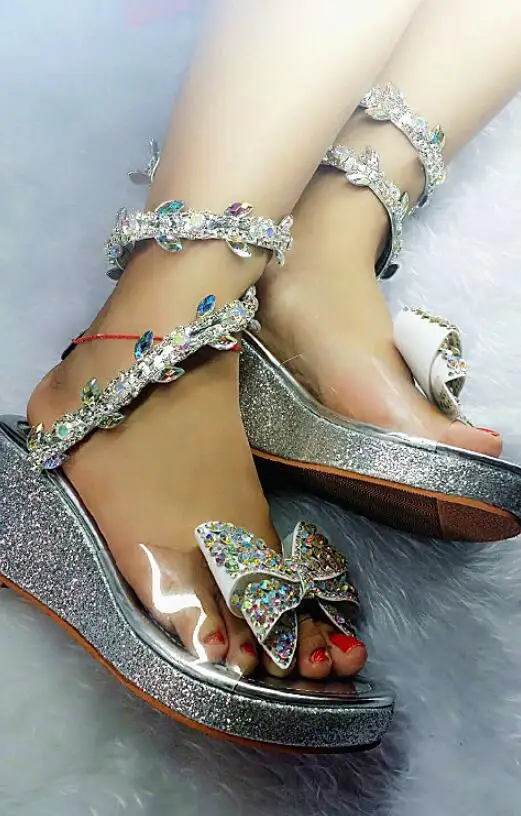 Летние сандалии на платформе босоножки Для женщин сандалии Crystal на танкетке обувь Повседневное женские Открытый носок женская обувь класса «Люкс» Римские сандалии