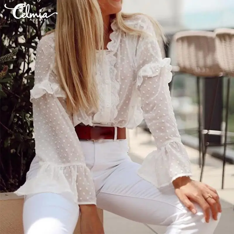  Women Sexy See Through Blouses Celmia 2019 Summer White Lace Shirts Sheer Tops Casual Loose Ruffles