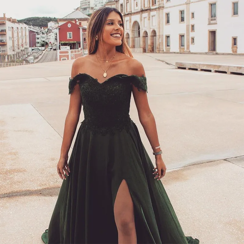 

Prom Dress Luxurious A-Line Off The Shoulder Green With Aplliques Split Short Sleeves Elegant Party Gown