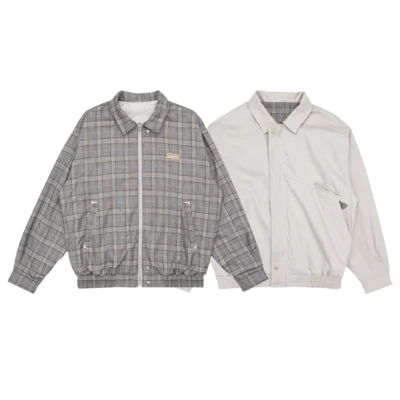 Серый ByteHare Play Drug Bureau's Both sides of the front and back wear thicker plaid men's loose zipper jacket couple models coat - Цвет: Серый