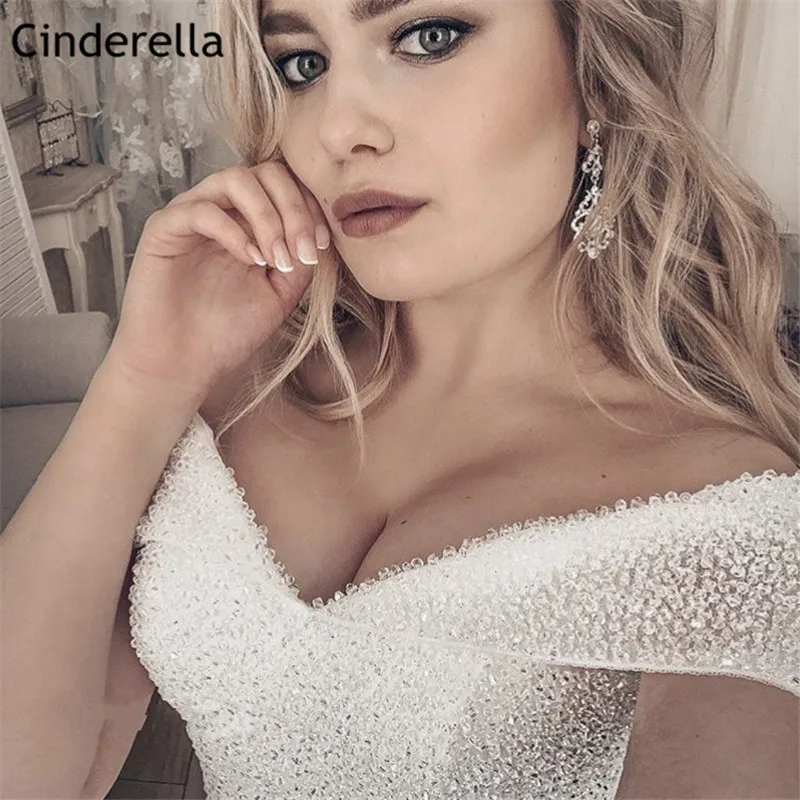 Cinderella Hand Made V-Neck Off The Shoulder A-Line Soft Tulle Crystal Beading Royal Train Wedding Dresses vestido de noiva - AliExpress