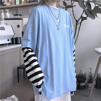 

Focal20 Streetwear Stripe Patchwork Blue Women Sweatshirt Fake 2 Pieces Female Pullovers Crew Neck Autumn Lady Sweatshirts Tops