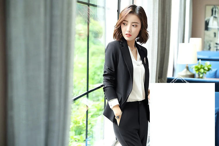 New female elegant Women's Black Gray Pants Suit trouser Blazer costumes jacket Suits ladies office wear uniforms 2 piece blouse