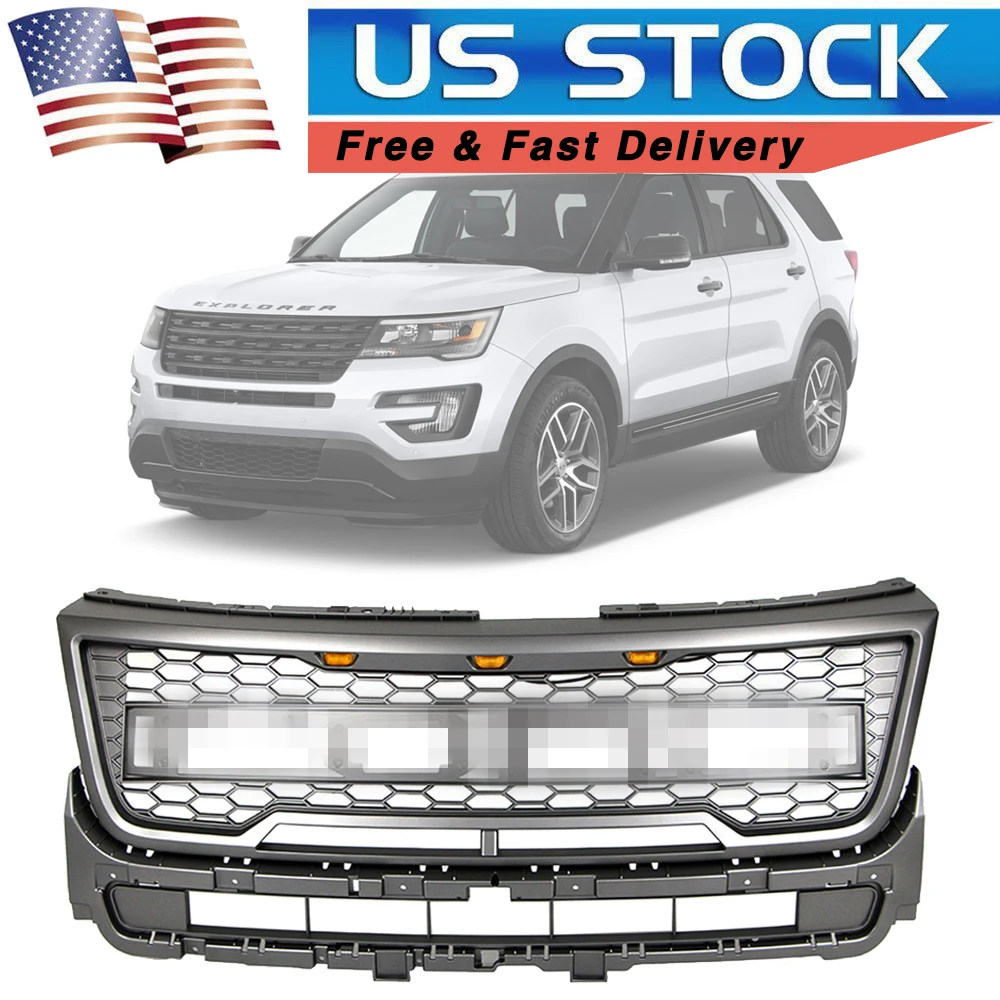 

US STOCK Front Bumper Grille for Ford Explorer 2016 2017 LED Grills Raptor Sport Style Racing Upper Grill With Honeycomb Mesh