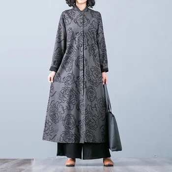 

Women's 2020 Chinese Style Elegant Print Long Coat Autumn Winter New Long Sleeve Single-breasted Stand Collar Coat Big Size