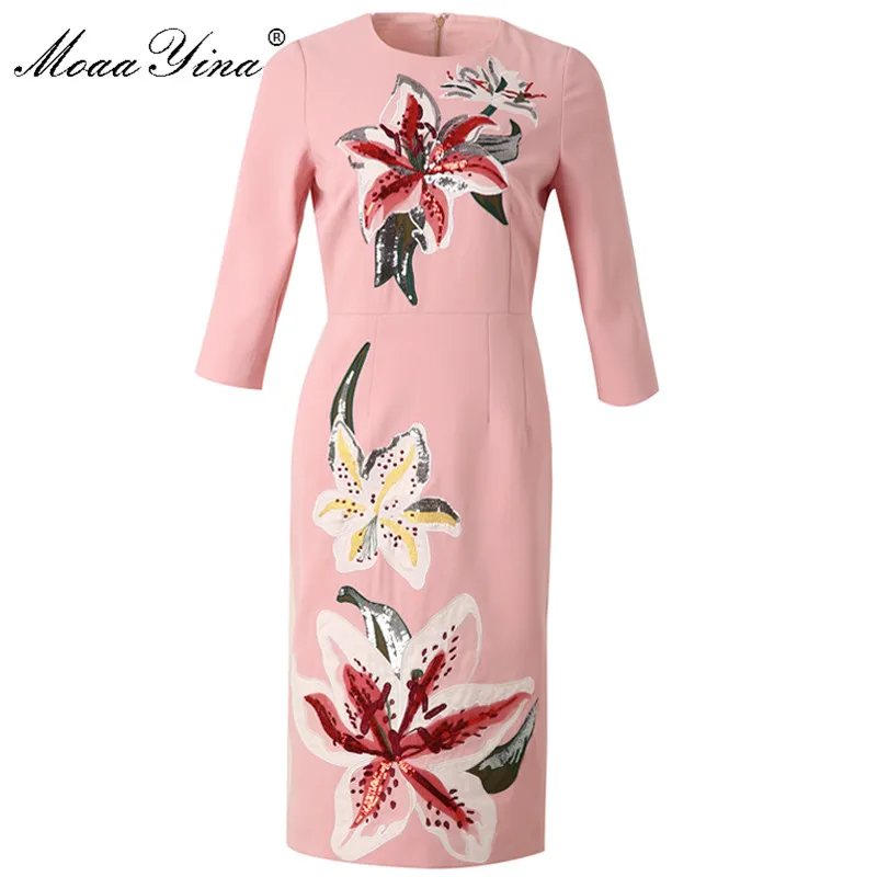 

MoaaYina Fashion Designer Runway dress Spring Autumn Women Dress lily Embroidery Sequin Slim Elegant Dresses