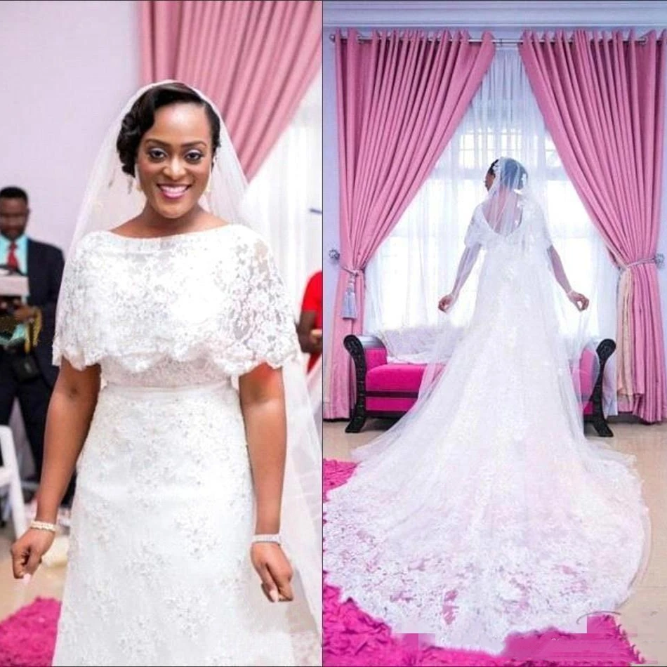 

Mermaid Wedding Dresses with Wrap Lace Jacket Shawl Beading Sequined Appliques Long Train Bridal Gowns 2021 Robe de Mariee