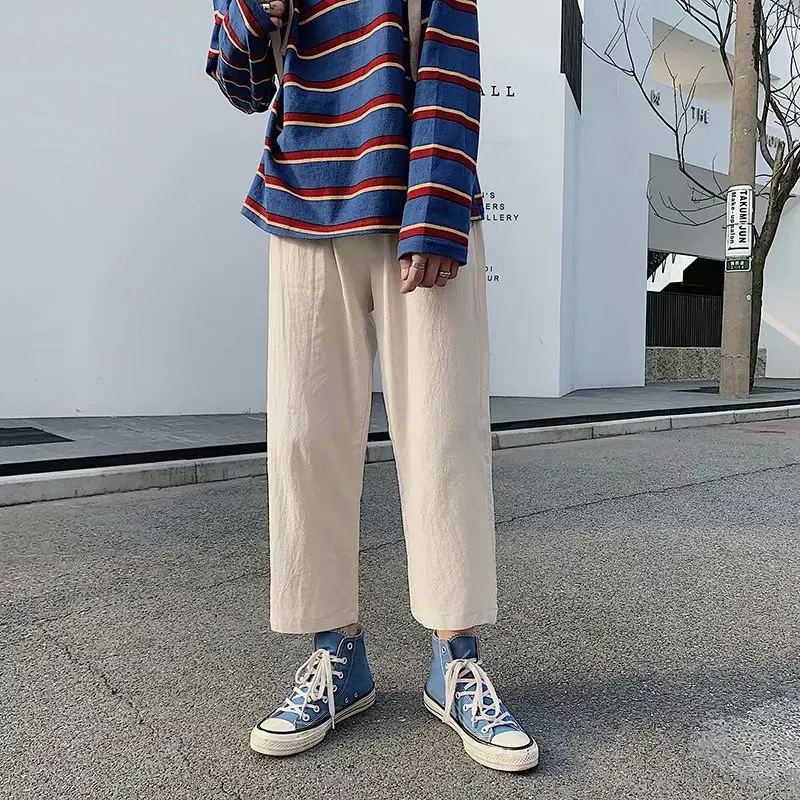 

Harajuku Summer Solid Color Ulzzang Casual Pants Loose Versatile Capri Pants Korean-style Retro Straight-Cut Loose Pants Men's