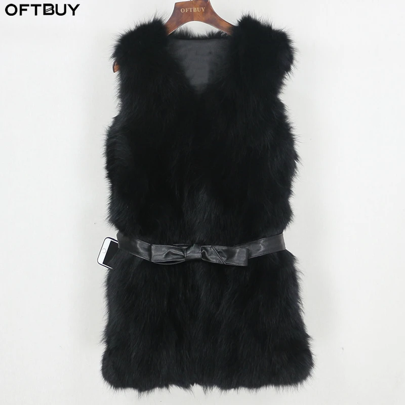 Женский жилет с поясом OFTBUY черный утепленный натуральным лисьим мехом уличная
