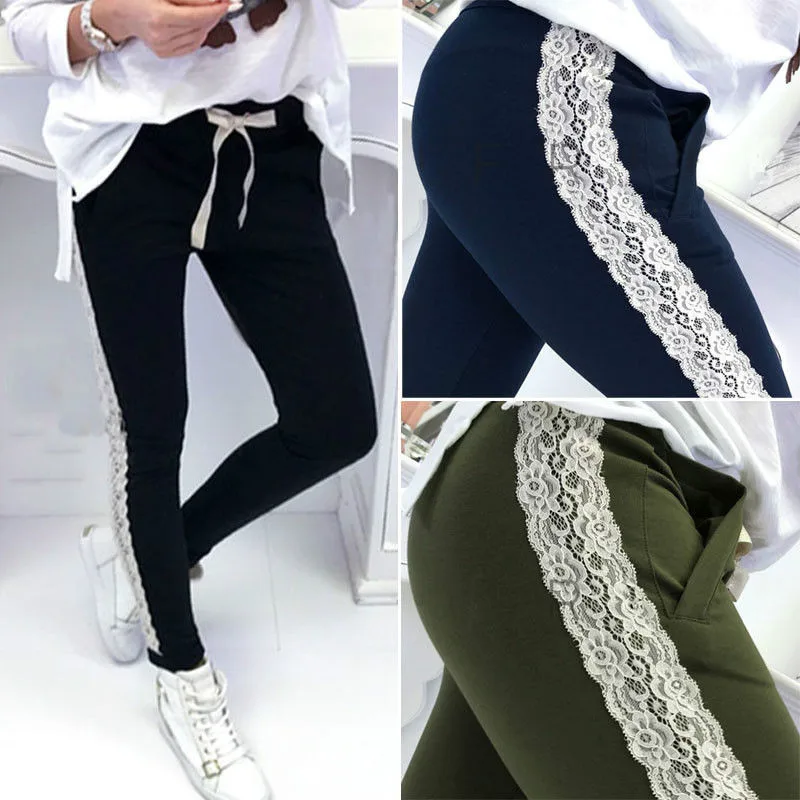 

Spring Autumn Women's Lace Patchwork Slim Skinny Pencil Trouser Stretch High Waisted Elastic Casual Long Pant