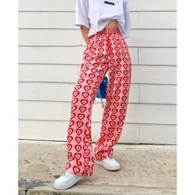 FAKUNTN Heart Printed Pink Pants Straight Elastic High Waist Pants Drawstring Fashion Pants Streetwear Vintage 2021 Harajuku
