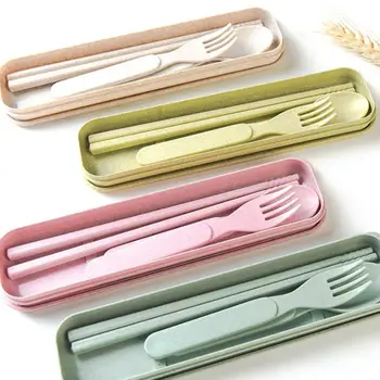 

200sets Wheat creative children travel portable tableware gift box student chopsticks fork spoon three-piece suit NO408