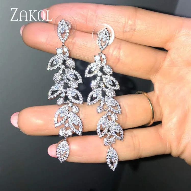 Goedkoop Zakol Fashion Koreaanse Cz Leaf Bruiloft Sieraden Marquise Aaa Zirconia Lange Drop Bridal Oorbellen Voor Elegante Vrouwen FSEP2144
