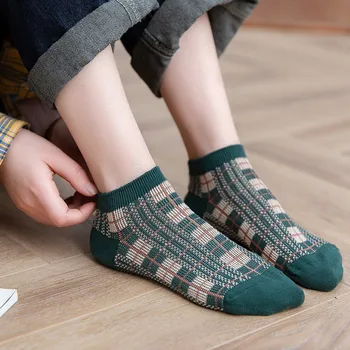 

Casual Sports-Socks Cycling Tennis Women Girls Fashion Plaid Print Cotton Thin Anklet Boat Socks Running Feet Breathable Socks